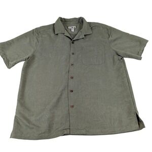 Caribbean Joe Mens Short Sleeve Button Up Shirt Green Textured Pocket Casual XL
